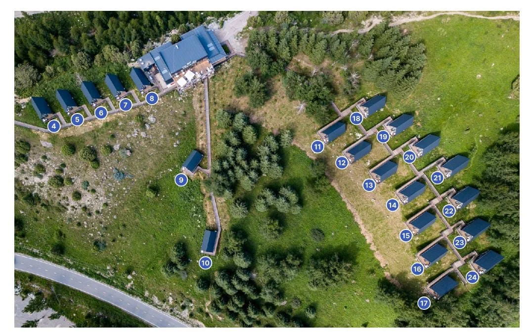 Drone plan of the A-frame complex, cabins No. 4–24