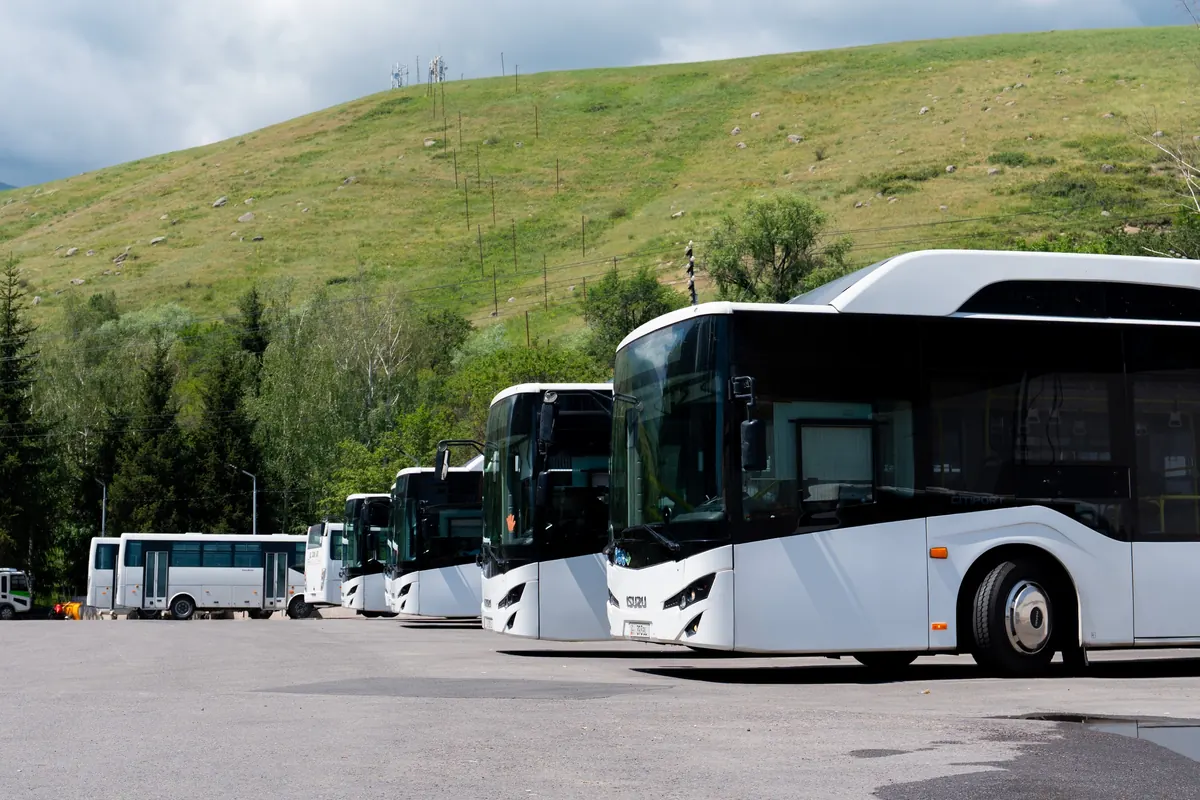 A row of white electric buses parked at the foot of a green hill.