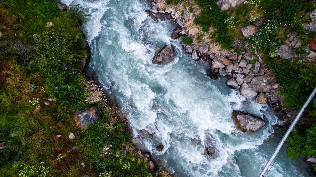 Top-down view of white-water rapids flowing over boulders, with grass and shrubs on the left bank.